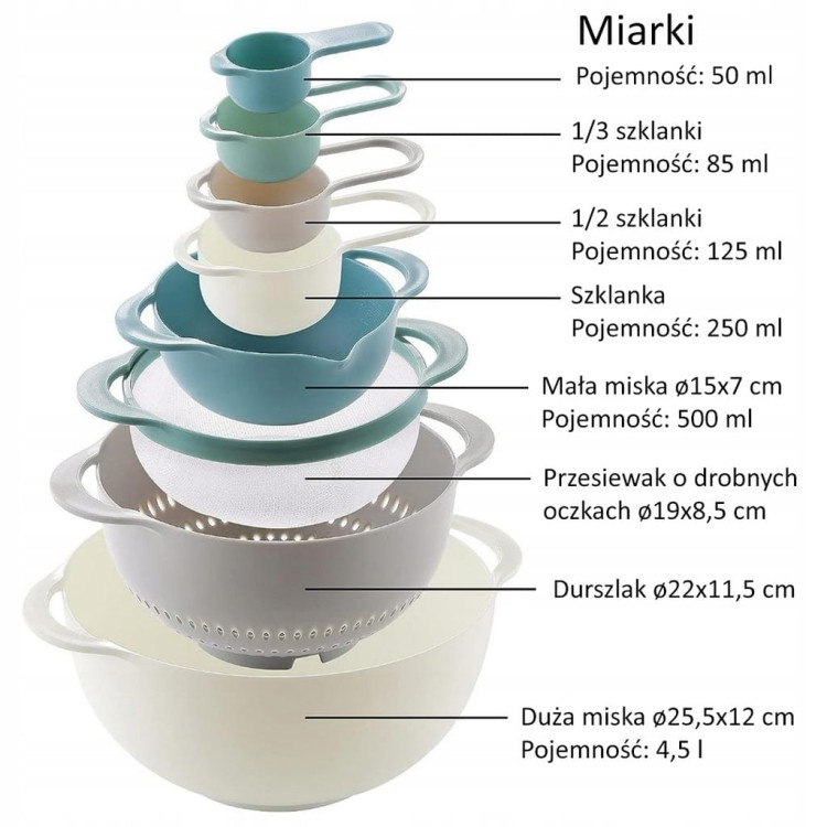 ZESTAW KUCHENNY MISKI MIARKI KUBKI POMIAROWE DURSZLAK 3206 (B) -
